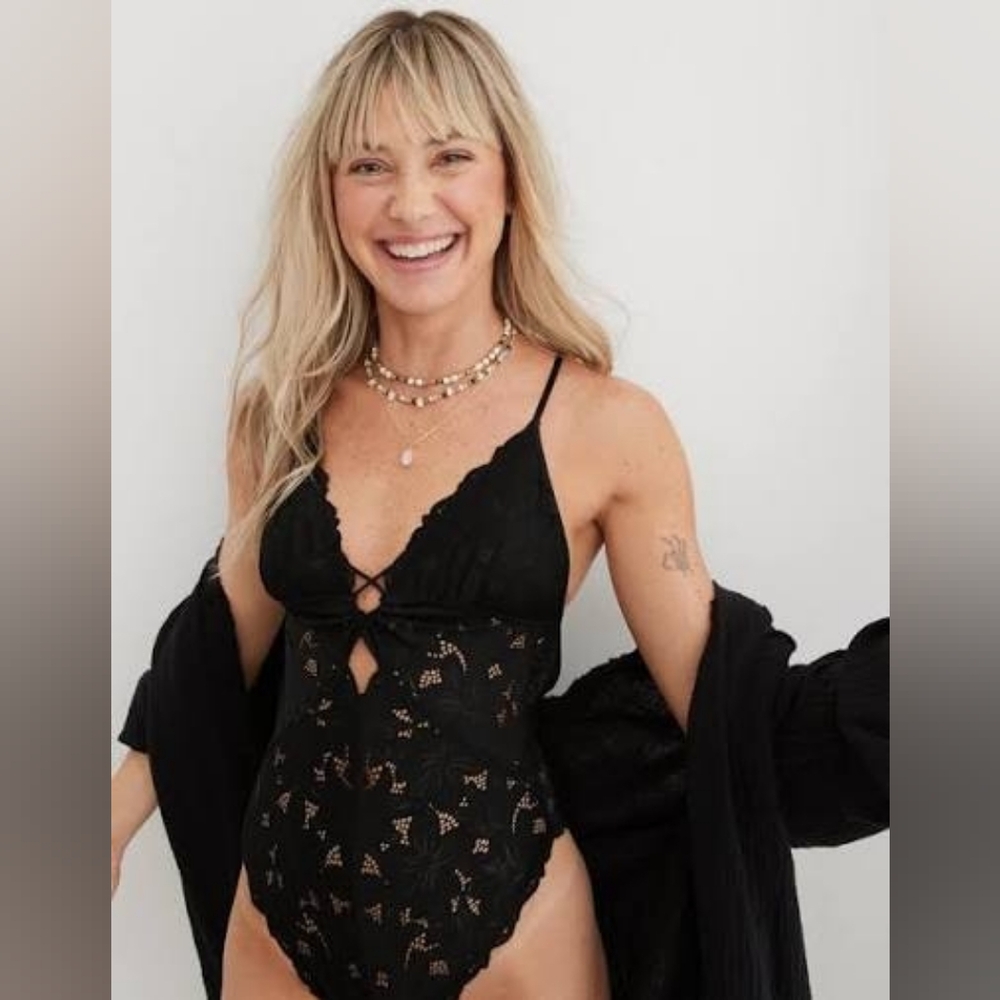 American Eagle Aerie Beach Daze black lace thong bodysuit